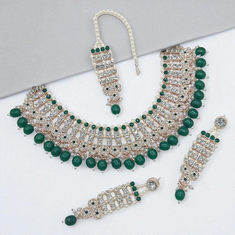 Grand Elite Suns0036 Green Kundan Choker Necklace Earring Jewellery Set For Marriage