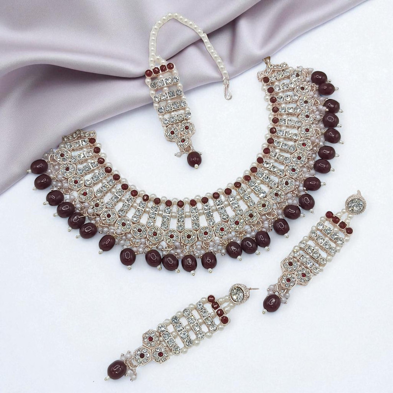 Dazzling Elite Suns0036 Maroon Kundan Choker Necklace Earring Jewellery Set For Marriage