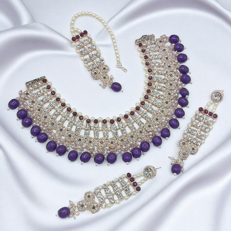 Radiant Elite Suns0036 Purple Kundan Choker Necklace Earring Jewellery Set For Marriage