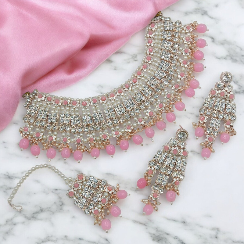 Alluring Elite Suns0037 Baby Pink Kundan Choker Necklace Earring Jewellery Set For Marriage