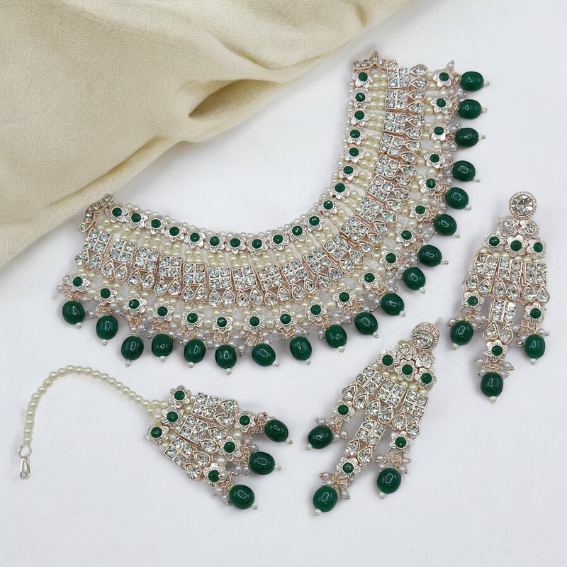 SUNS0037 GREEN Kundan Choker Necklace Earring Jewellery set for Marriage