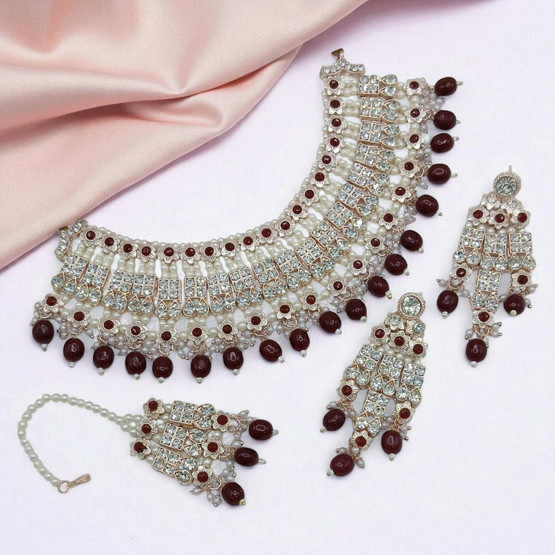 [SUNS0037 MAROON] Splendid Elite Suns0037 Maroon Kundan Choker Necklace Earring Jewellery Set For Marriage