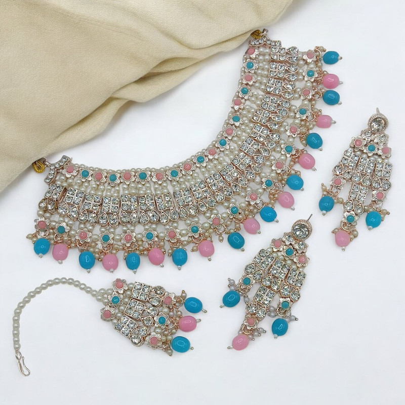 Mesmerizing Elite Suns0037 Pink Blue Kundan Choker Necklace Earring Jewellery Set For Marriage