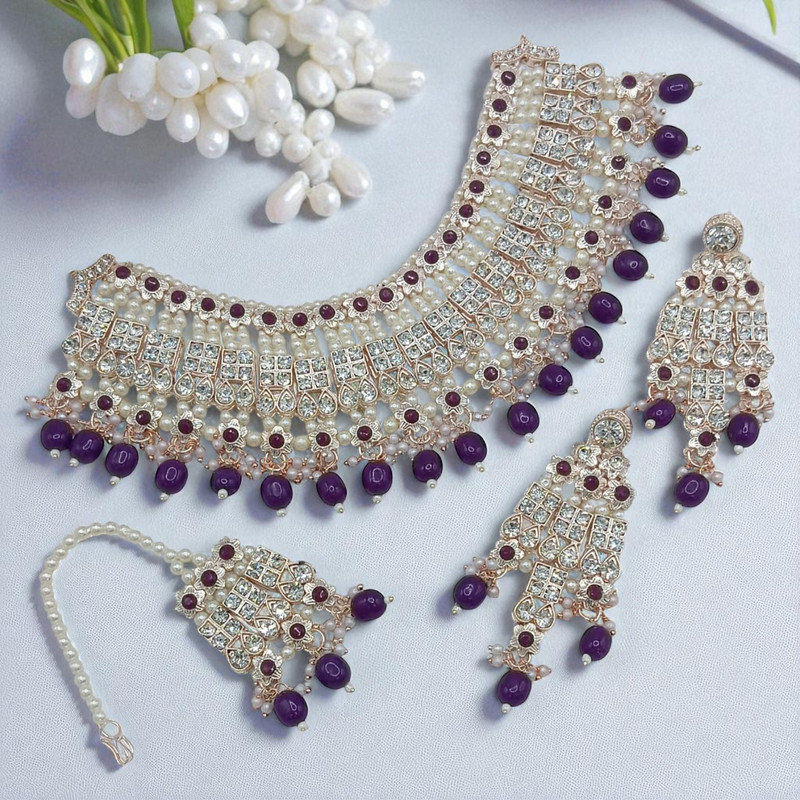 Breathtaking Elite Suns0037 Purple Kundan Choker Necklace Earring Jewellery Set For Marriage