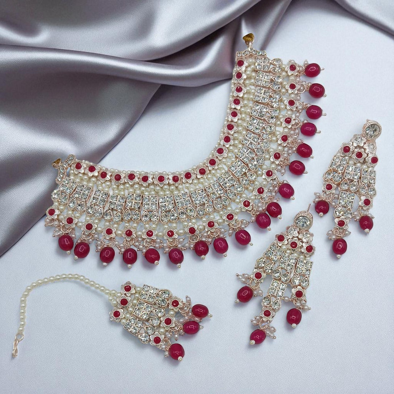 SUNS0037 RANI PINK Kundan Choker Necklace Earring Jewellery set for Marriage