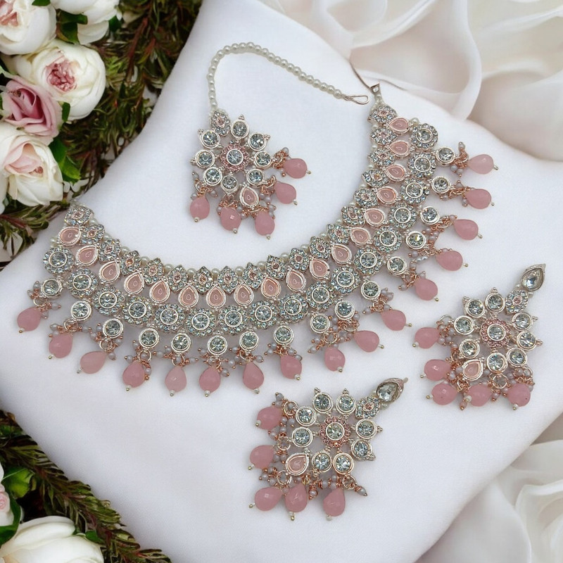 Flawless Elite Suns0038 Baby Pink Kundan Choker Necklace Earring Jewellery Set For Marriage