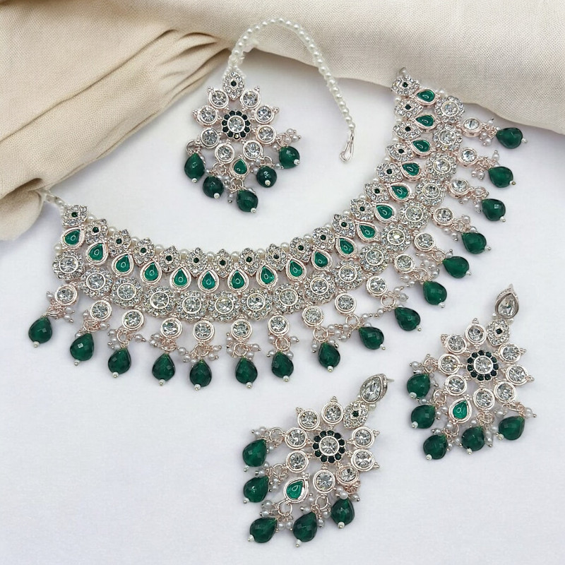 SUNS0038 GREEN Kundan Choker Necklace Earring Jewellery set for Marriage
