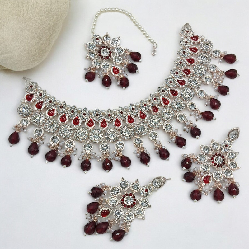 SUNS0038 MAROON Kundan Choker Necklace Earring Jewellery set for Marriage