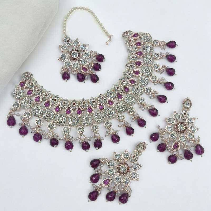 Resplendent Elite Suns0038 Purple Kundan Choker Necklace Earring Jewellery Set For Marriage