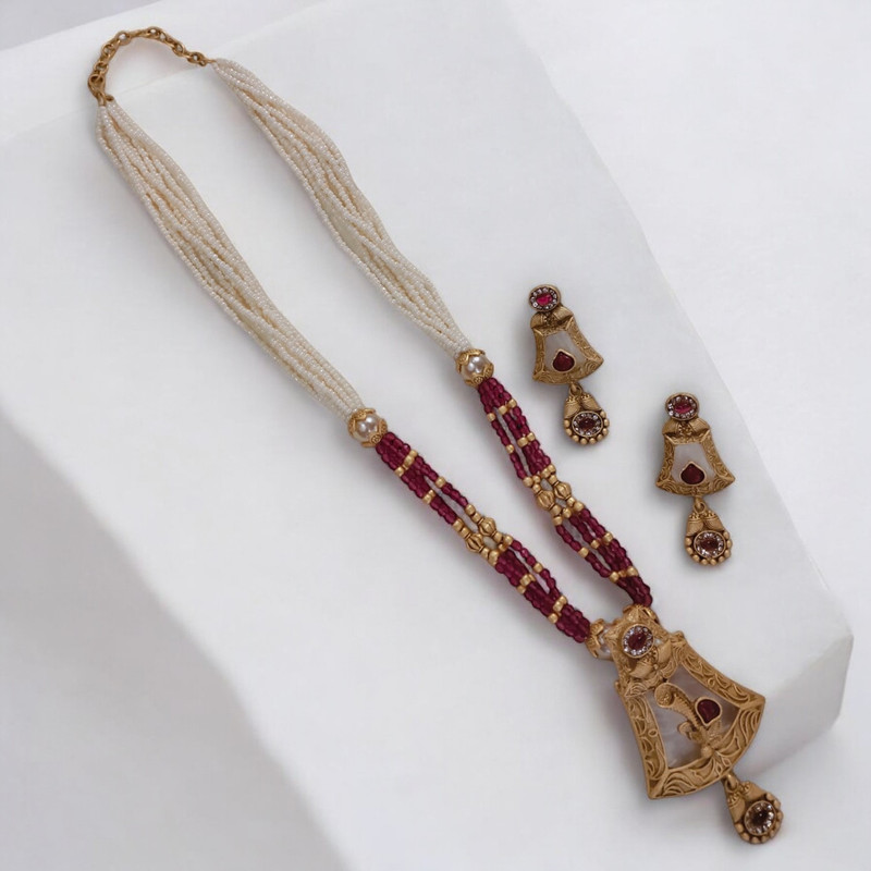 Traditional Supreme Suns0039 Maroon Green Copper Necklace & Earrings Jewellery Set For Women