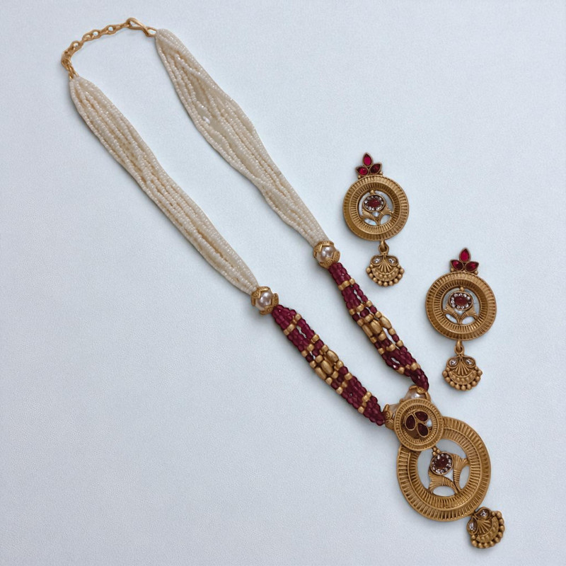 Desi Supreme Suns0040 Maroon Green Copper Necklace & Earrings Jewellery Set For Women
