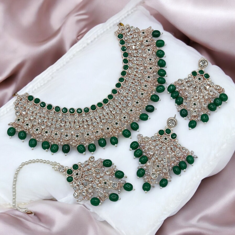Trendy Supreme Suns0042 Green Kundan Choker Necklace Earring Jewellery Set For Marriage