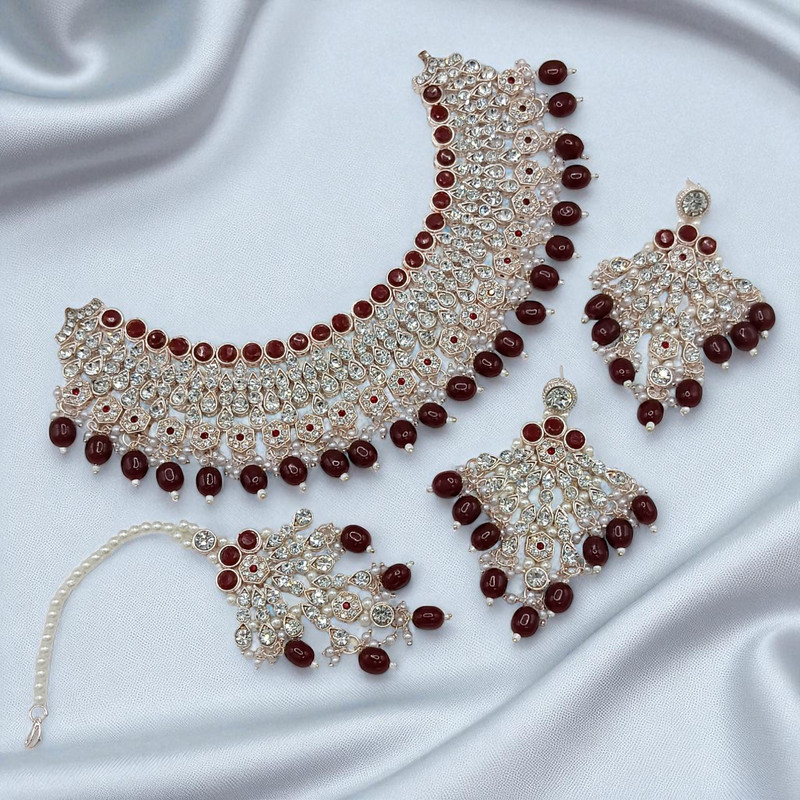 SUNS0042 MAROON Kundan Choker Necklace Earring Jewellery set for Marriage