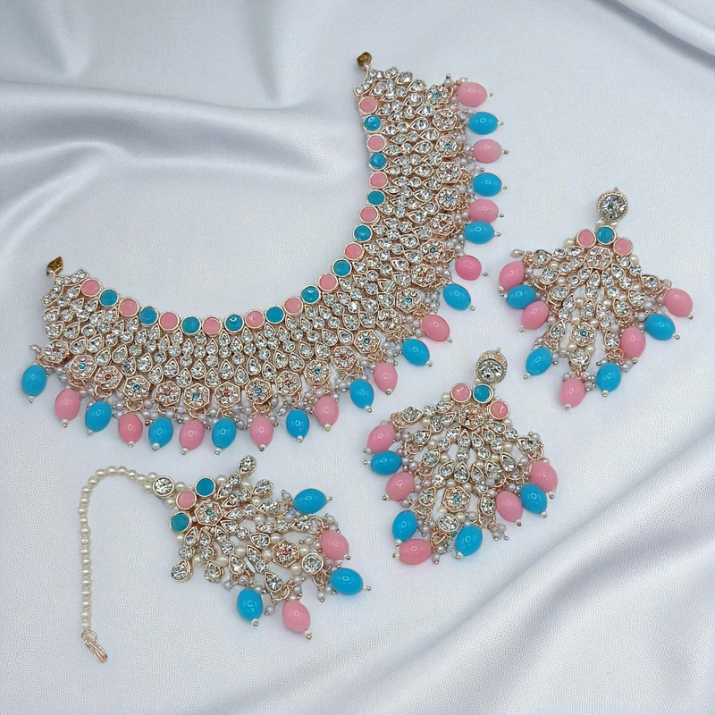 Exquisite Supreme Suns0042 Pink Blue Kundan Choker Necklace Earring Jewellery Set For Marriage
