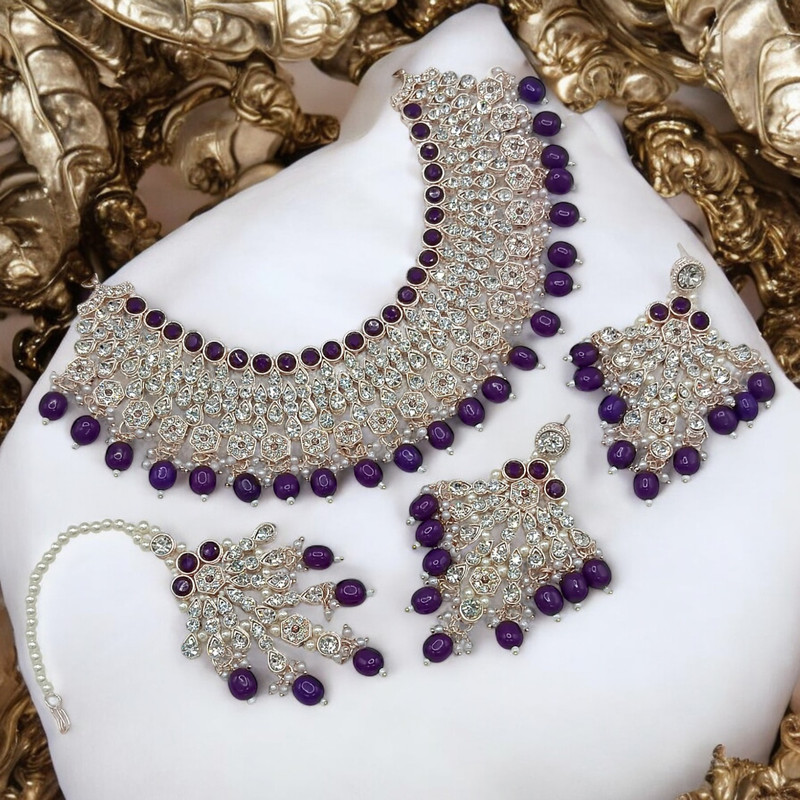Gorgeous Supreme Suns0042 Purple Kundan Choker Necklace Earring Jewellery Set For Marriage