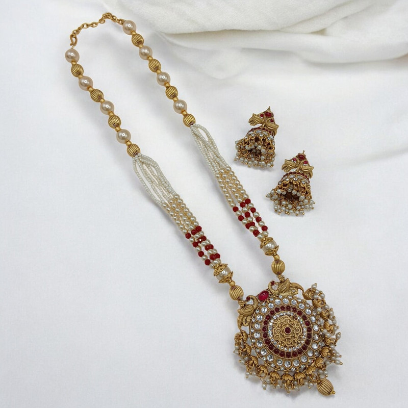 Divine Supreme Suns0044 Maroon Green Copper Necklace & Earrings Jewellery Set For Women