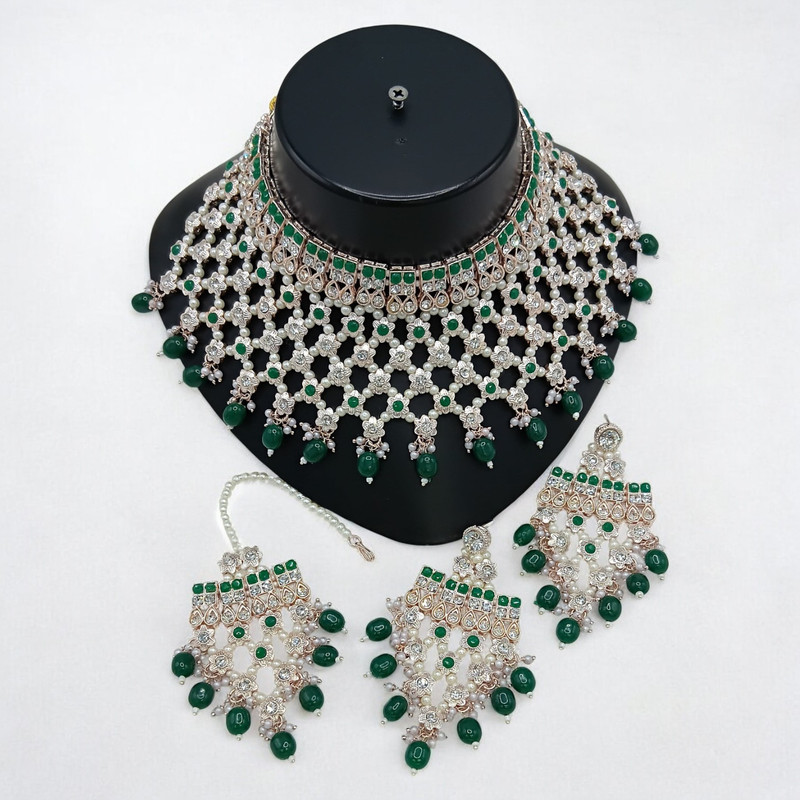 Opulent Supreme Suns0046 Green Kundan Choker Necklace Earring Jewellery Set For Marriage