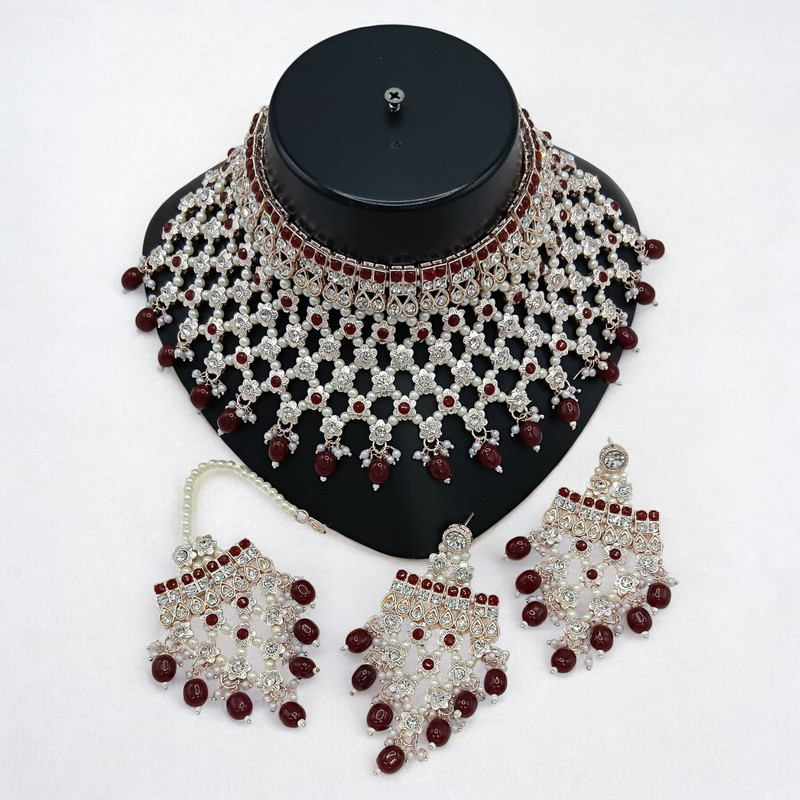 Grand Supreme Suns0046 Maroon Kundan Choker Necklace Earring Jewellery Set For Marriage