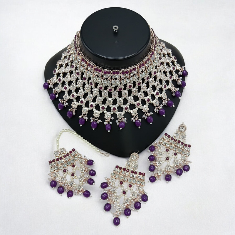Dazzling Supreme Suns0046 Purple Kundan Choker Necklace Earring Jewellery Set For Marriage