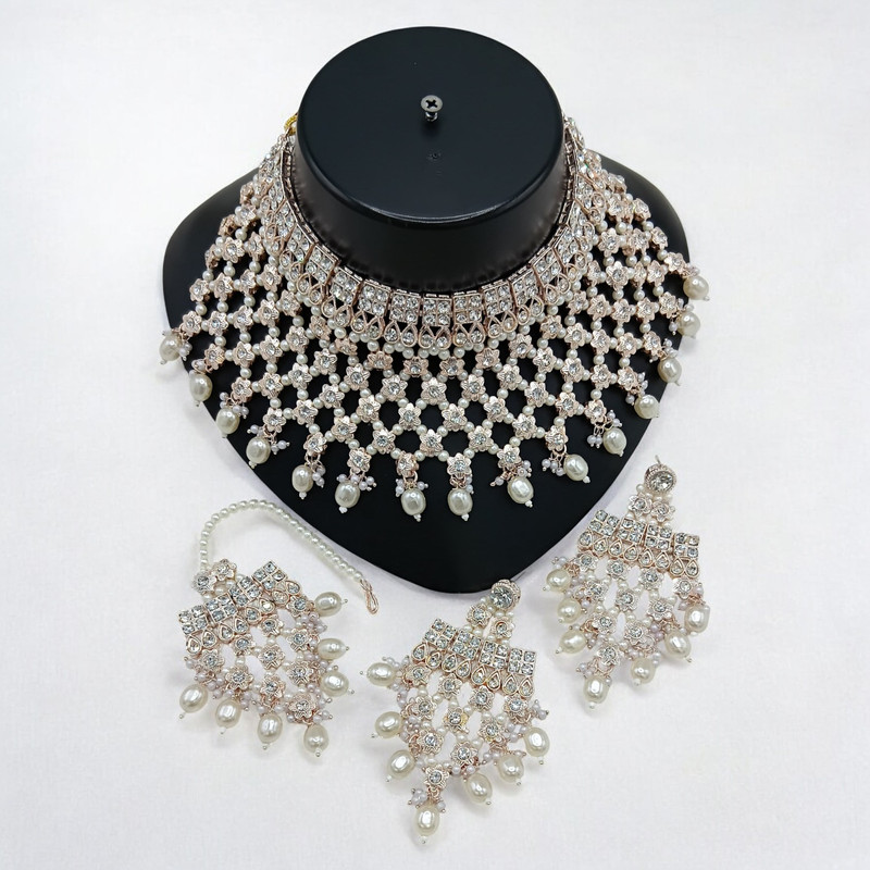 Radiant Supreme Suns0046 White Kundan Choker Necklace Earring Jewellery Set For Marriage