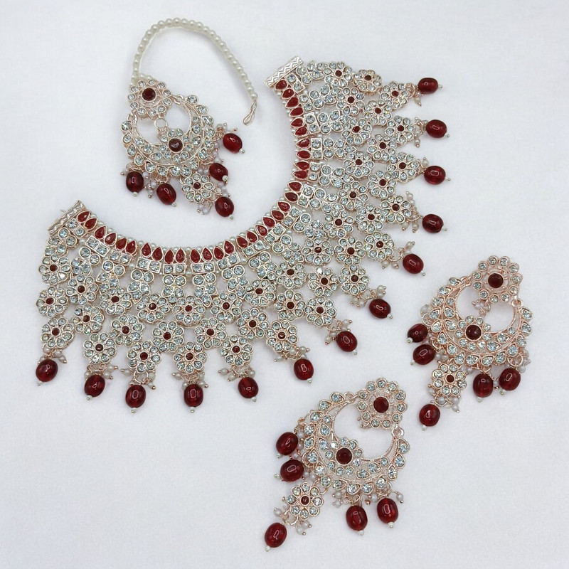 Alluring Supreme Suns0047 Maroon Kundan Choker Necklace Earring Jewellery Set For Marriage