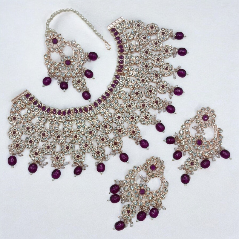 Enchanting Supreme Suns0047 Purple Kundan Choker Necklace Earring Jewellery Set For Marriage