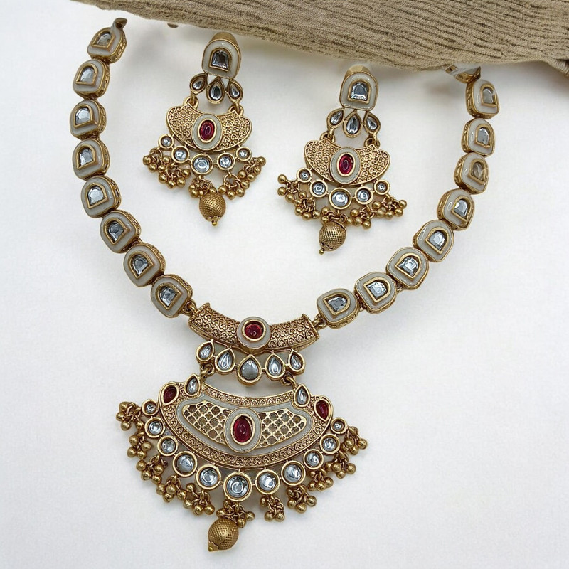 Ethereal Supreme Suns0048 Maroon Green Copper Necklace & Earrings Jewellery Set For Women