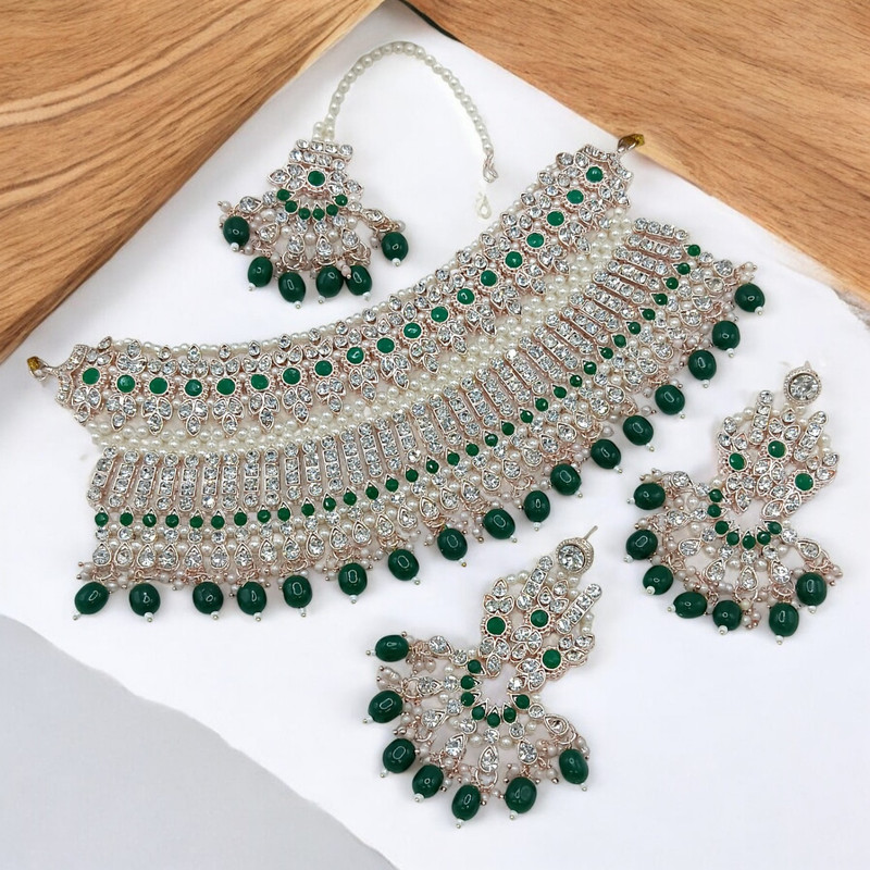 Pristine Supreme Suns0049 Green Kundan Choker Necklace Earring Jewellery Set For Marriage