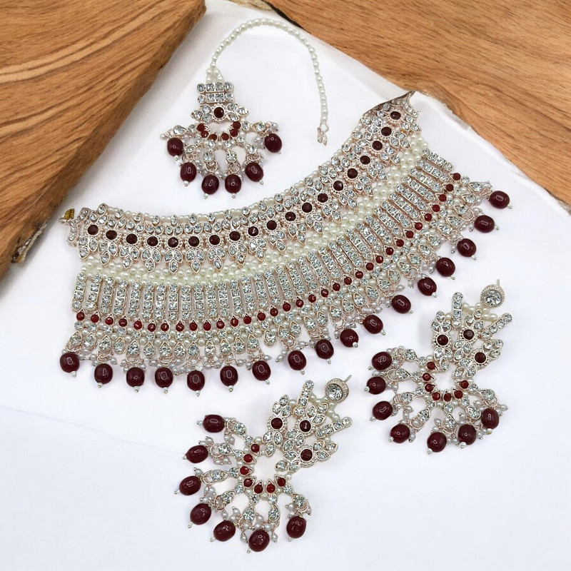 SUNS0049 MAROON Kundan Choker Necklace Earring Jewellery set for Marriage