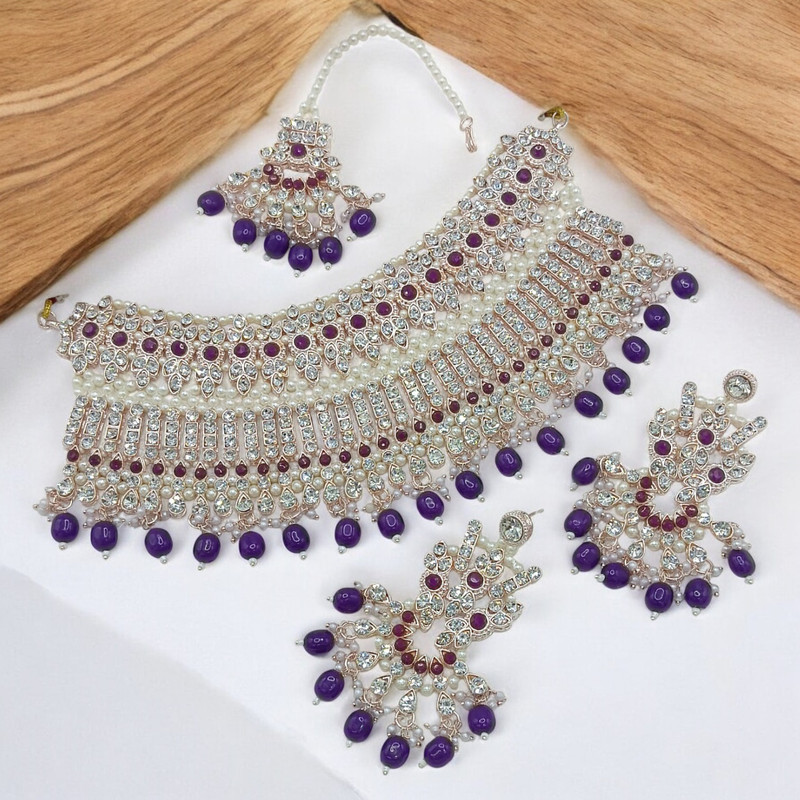 Resplendent Supreme Suns0049 Purple Kundan Choker Necklace Earring Jewellery Set For Marriage