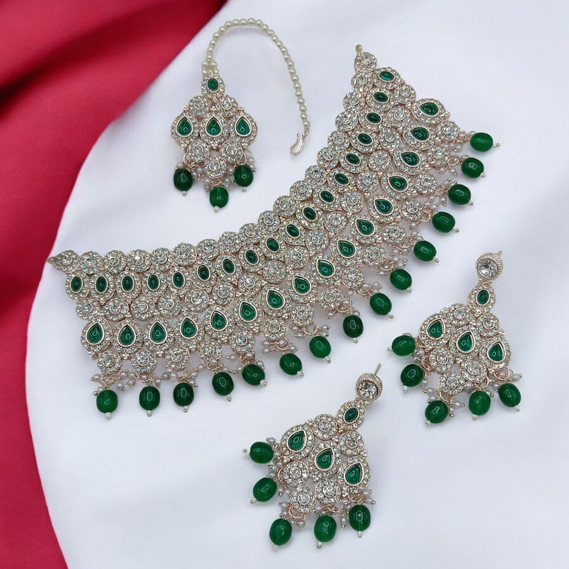 Lustrous Supreme Suns0050 Green Kundan Choker Necklace Earring Jewellery Set For Marriage