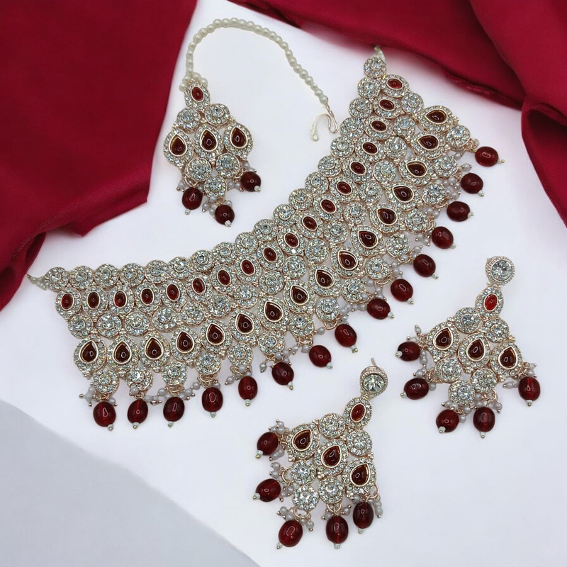 SUNS0050 MAROON Kundan Choker Necklace Earring Jewellery set for Marriage