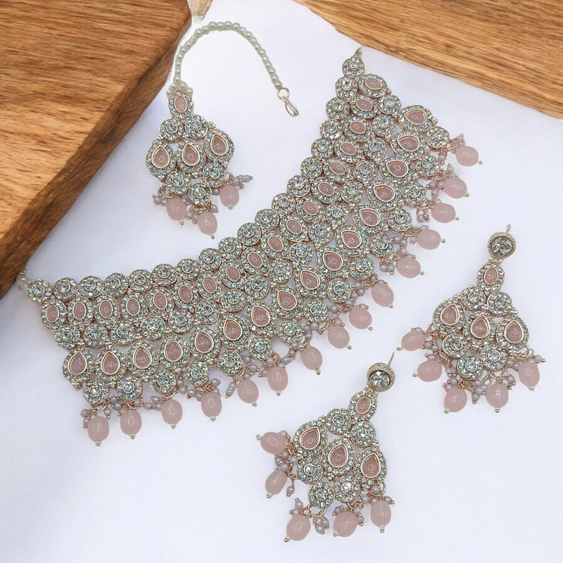 Traditional Prime Suns0050 Pink Blue Kundan Choker Necklace Earring Jewellery Set For Marriage