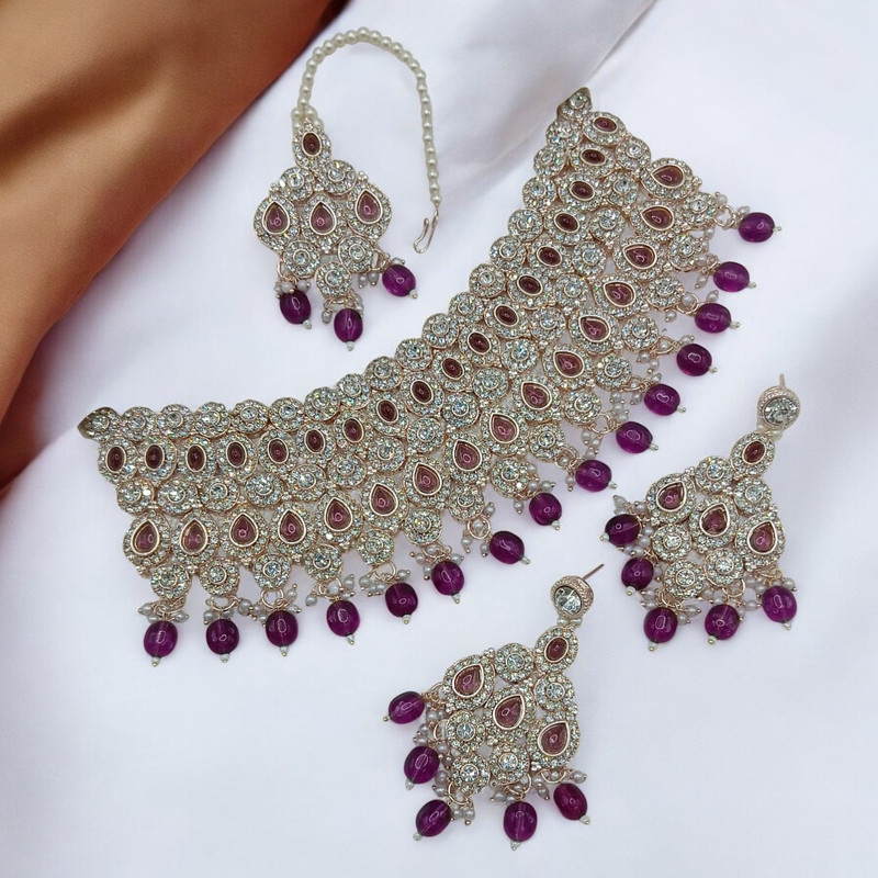 Chic Prime Suns0050 Purple Kundan Choker Necklace Earring Jewellery Set For Marriage