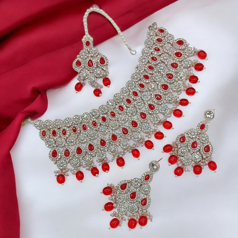 Magnifique Prime Suns0050 Red Kundan Choker Necklace Earring Jewellery Set For Marriage