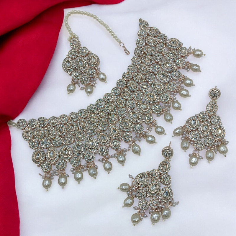 Desi Prime Suns0050 White Kundan Choker Necklace Earring Jewellery Set For Marriage